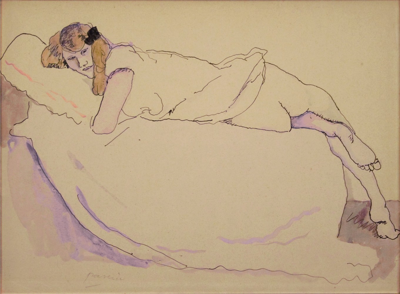 Jules Pascin Nu allongée sur un lit India ink &amp; watercolor on paper 9 1/2 x 12 3/4 inches