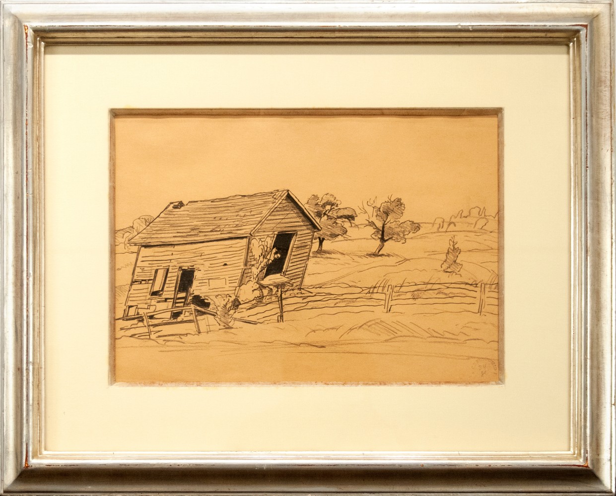 Charles Burchfield, Old House and Apple Tree, 1932, pencil on buff paper, 11 x 15 1/2 inches