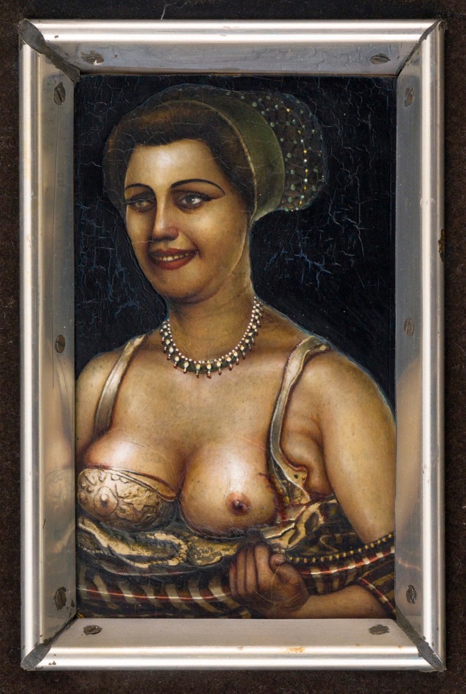 Gregory Gillespie Lady with Jewels, 1969 mixed media on board 6 x 4 inches, ​​​​​​​18 3/8 x 14 1/4 x 2 1/8 inches (with artist's frame)