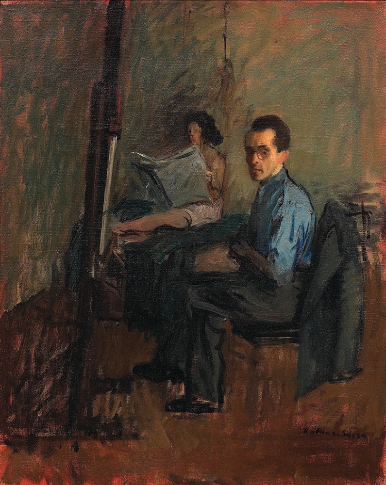 RAPHAEL SOYER, Self-Portrait with Model, c. 1945, oil on canvas, 20 x 16 inches
