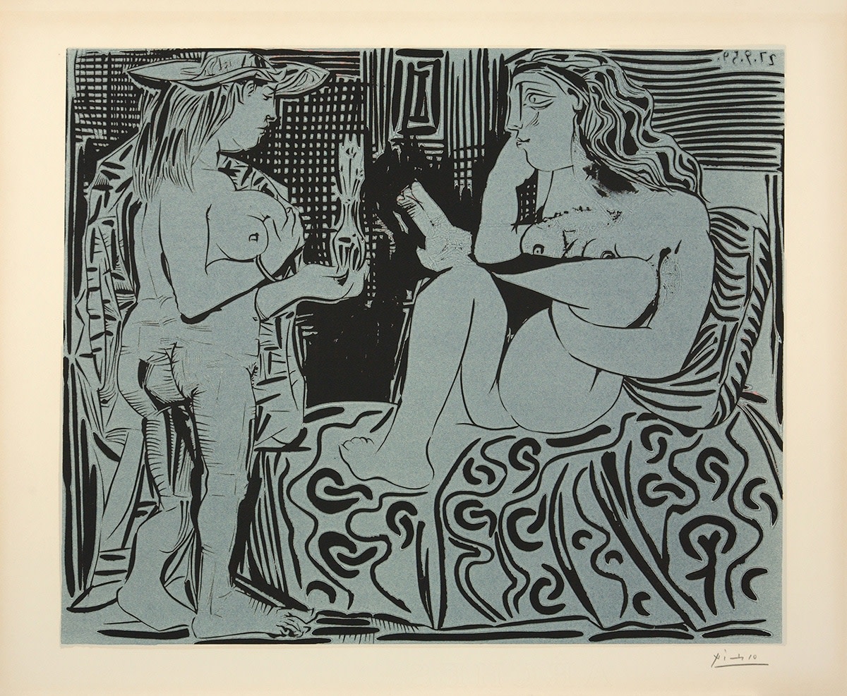 Pablo Picasso Deux Femmes avec un Vase à Fleurs, 1959 Linocut printed in two colors on Arches wover paper One of 20 proofs, outside the edition of 50