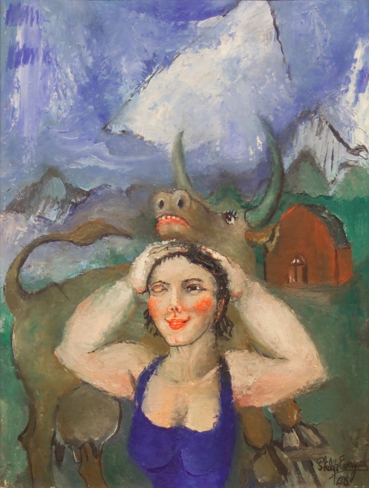 Philip Evergood, Girl and Soulful Cow, 1948, oil on canvas, 16 x 12 1/4 inches