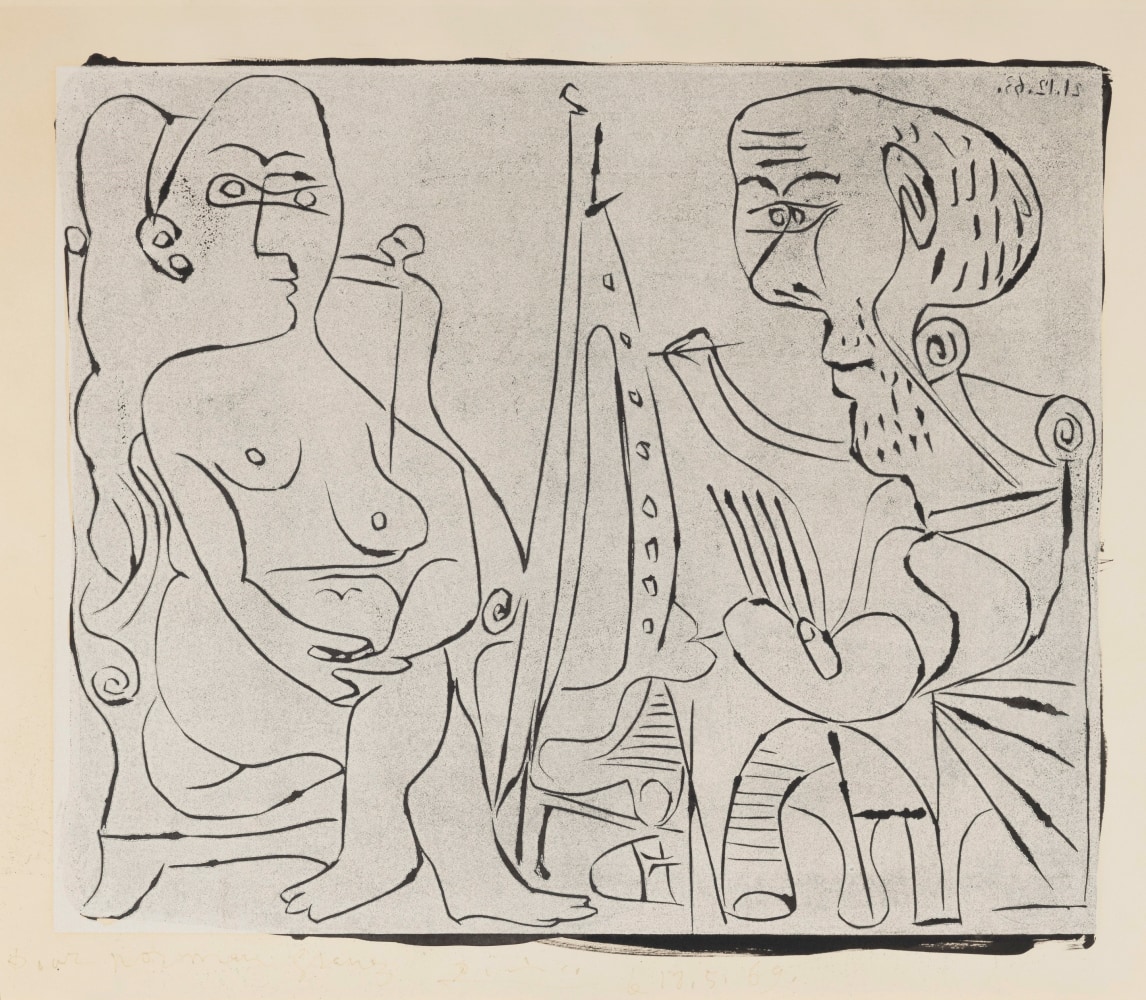Peintre et modèle au fauteuil, 1963 linocut rincé printed in cream with China Ink on Arches paper  20 7/8 x 25 1/4 inches (image) 24 1/2 x 29 5/8 inches (sheet) 32 1/2 x 36 3/4 inches (framed) one of approximately five impressions