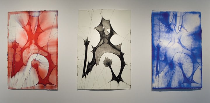 Installation view;&amp;nbsp;Shazam (Red, Blue, and Phosphorescence), Shazam (Black and Phosphorescence), Shazam (Blue and White)