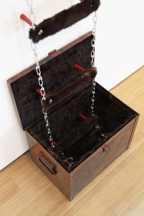 E.V. Day. Chain Mink Emergency Escape Ladder (Detail), 2014. Mink, metal chain ladder, metal box, dimensions variable. Courtesy of the artist and Salomon Contemporary.