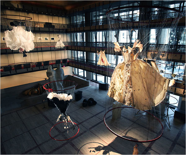 E. V. Day&amp;#39;s sculptures made from vintage costumes from the New York City Opera&amp;#39;s warehouse, now suspended in the promenade of the David H. Koch Theater.&amp;nbsp;Sara Krulwich/The New York Times
