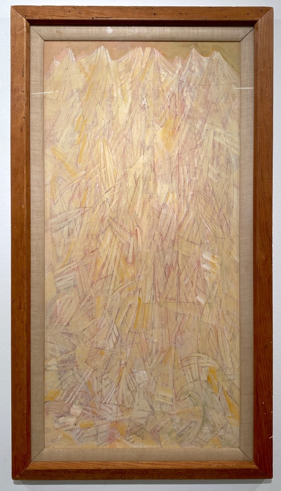 Mark Tobey

Golden Mountains,&amp;nbsp;1953

Gouache on masonite

39 x 18 1/2 inches

Signed lower right
