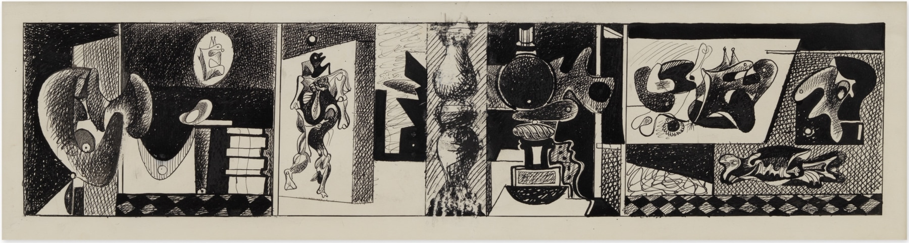 Nighttime, Enigma, and Nostalgia: 1934, ink on paper, 9 &amp;frac12; x 29 in. (24.1 x 73.7 cm). Hauser &amp;amp; Wirth. [AGCR: D0192]