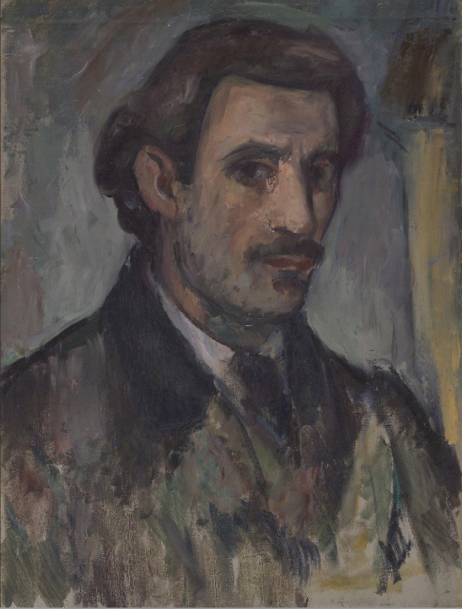 Three-quarter view self-portrait of the artist rendered in oil paint in muted colors in the style of Paul Cezanne
