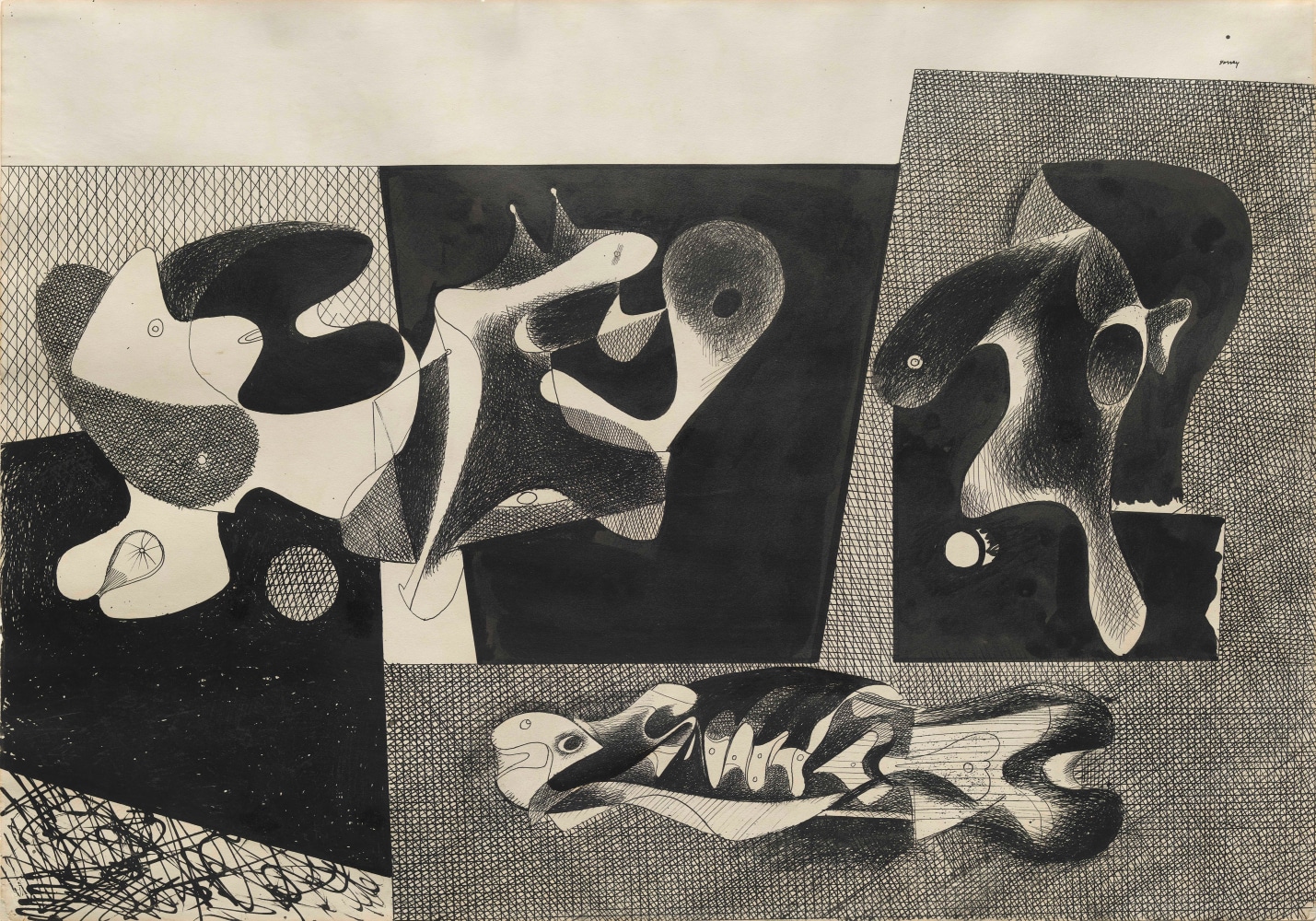 Abstract composition with arabesque shapes, geometric head, and an écorché of a fish set on a heavily cross-hatched background