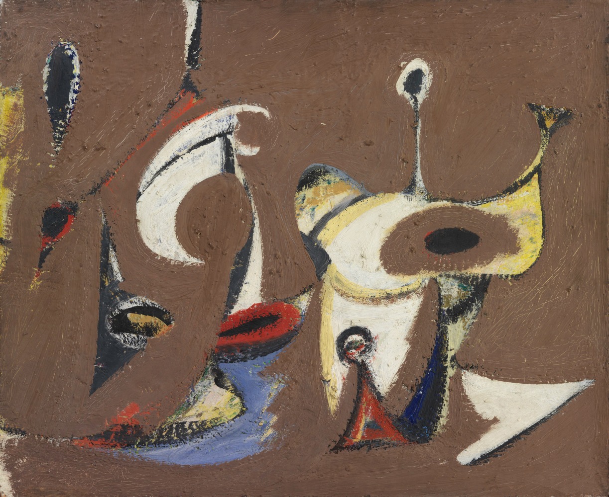 Abstract composition with predominately yellow and white arabesque motifs on a brown background rendered in thick oil paint