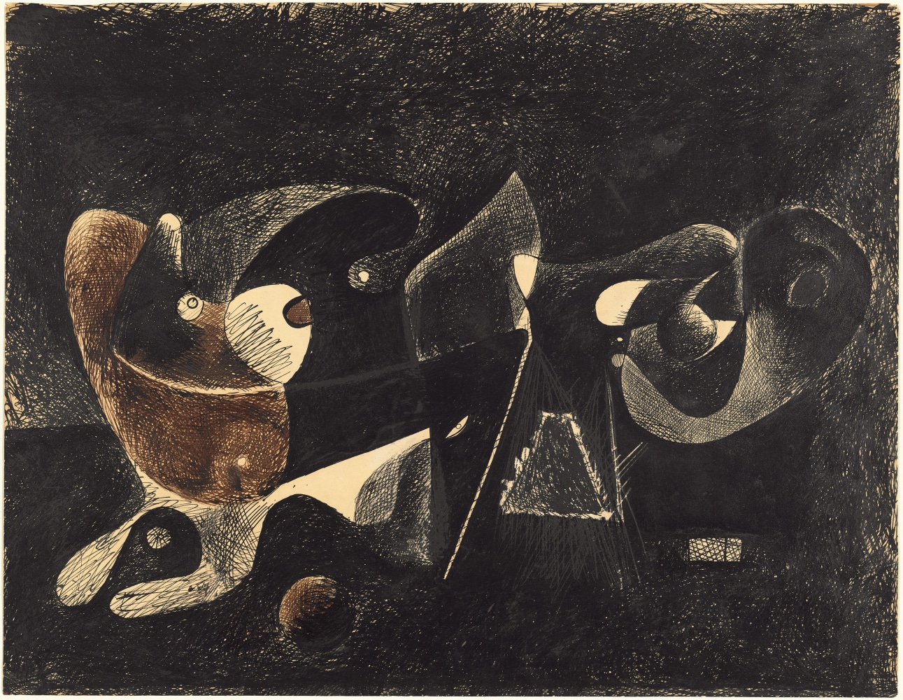 Abstract composition in brown and black ink with significant cross-hatching