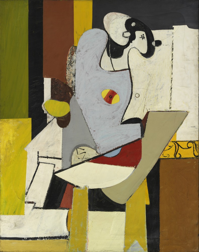 Abstract cubist figure rendered in white, blue-grey, and black on a green, yellow, brown, black, and white striped background in the style of Pablo Picasso