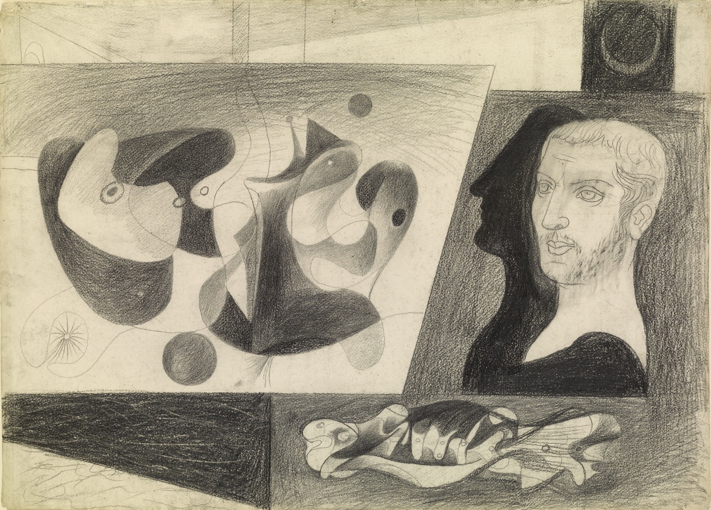 Abstract composition with arabesque shapes, a three-quarter view of a man with a shadow, and an écorché of a fish