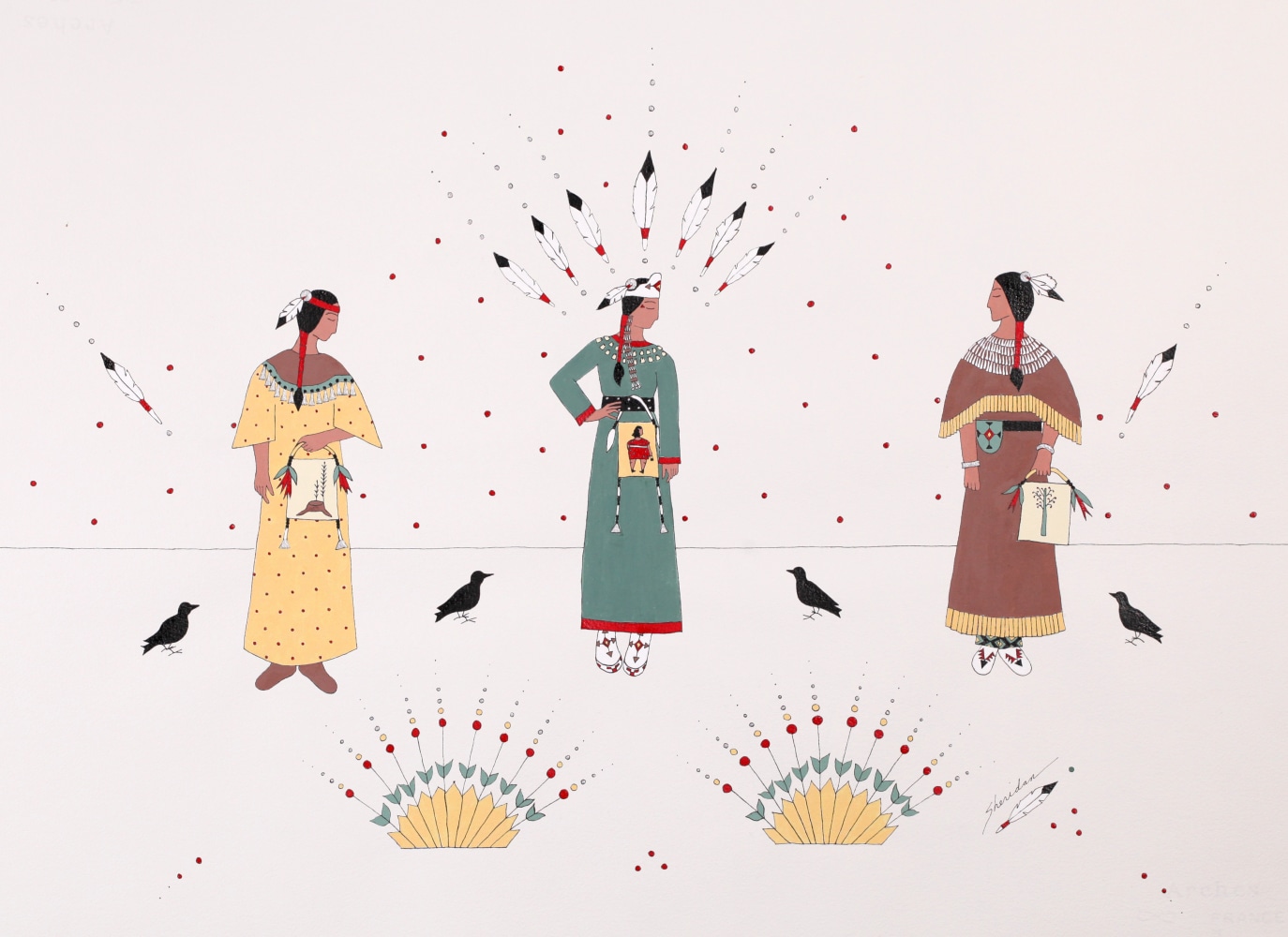 Pow Wow Girls/ Tribute to Margaret Kilgallen

Ink and gouache on Arches Paper

&amp;copy; 2022 Sheridan MacKnight

&amp;nbsp;