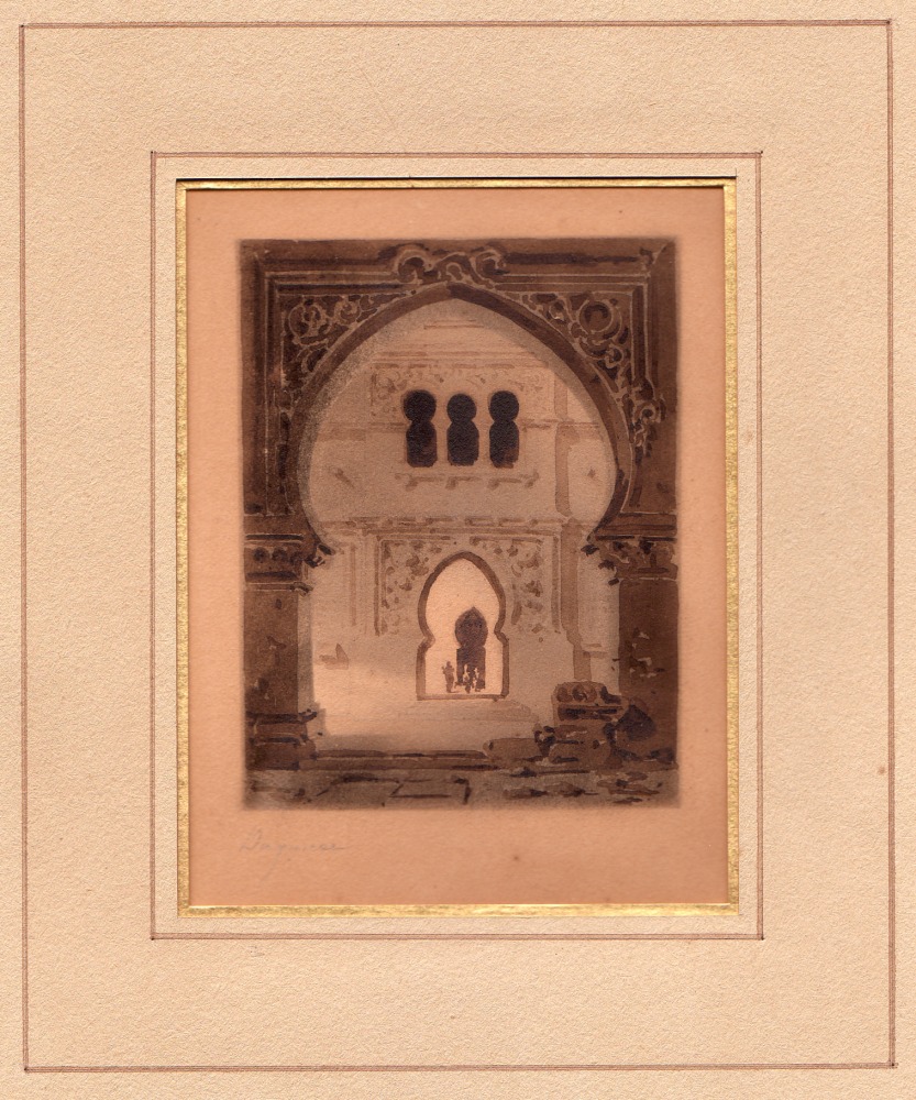 Louis Jacques Mand&amp;eacute; DAGUERRE (French, 1787-1851)
Moorish arch, circa 1827
Dessin-fum&amp;eacute;e
7.9 x 6.2 cm on 15.0 x 13.0 cm paper
Signed in pencil

In 1827, the Parisian artist Louis Jacques Mand&amp;eacute; Daguerre conceived of the dessin-fum&amp;eacute;e, a process combining the art of drawing using candle smoke, with a transfer process that allowed him to obtain a range of close variants from the same image. Blurring these boundaries, Daguerre carefully calibrated the effects of light and chiaroscuro to resemble miniature stage sets, as in Moorish arch. Aware of Joseph Nicephore Ni&amp;eacute;pce&amp;rsquo;s experiments with light-sensitive materials, Daguerre traded one of his dessin-fum&amp;eacute;es for one of Ni&amp;eacute;pce&amp;rsquo;s engraved plates. Daguerre&amp;rsquo;s and Ni&amp;eacute;pce&amp;rsquo;s eventual collaboration resulted in the daguerreotype process, announced in 1839.

&amp;nbsp;