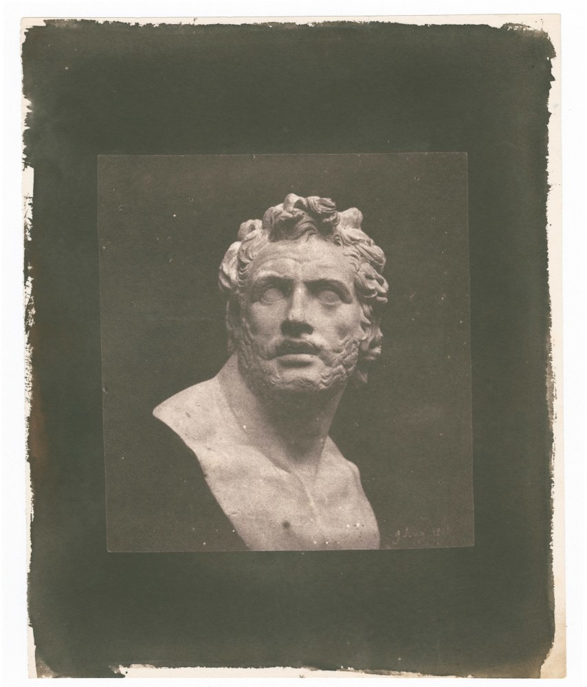 William Henry Fox Talbot&amp;nbsp;(English, 1800-1877)&amp;nbsp;
Bust of Patroclus, 1842
Salt print from a calotype negative
13.0 x 12.8 cm
Schaaf 190

Patroclus, the defender of Achilles, was Talbot&amp;#39;s first and favorite portrait sitter. The plaster cast he had at Lacock Abbey was a copy of the marble in the British Museum. Talbot&amp;#39;s chemistry required lengthy exposures and a stationary object, such as this bust, was ideal as a subject. The brush strokes around the border of this exceptional print indicate that Talbot coated the sheet of paper by hand.
Printed from the same negative as Plate V in The Pencil of Nature.