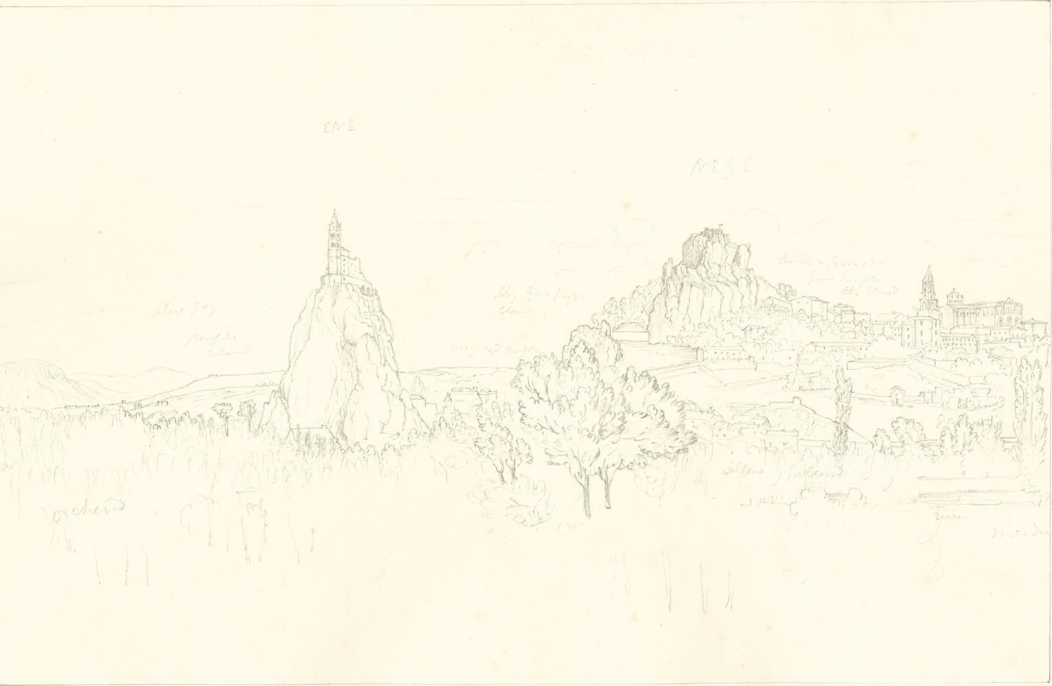 Sir John Frederick William HERSCHEL (English, 1792-1872) &quot;No 495 Le Puy. From across the bridge. The Church of St Michel, The Rocher du Corneille &amp; the Cathedral”, 19 October 1850 Camera lucida drawing, pencil on paper 21.6 x 33.3 cm on 25.2 x 38.5 cm paper Numbered, signed, dated and titled “No 495 / JFW Herschel del. Cam. Luc. Oct. 19, 1850 / Le Puy. From across the bridge. The Church of St Michel bearing ENE, The Rocher du Corneille NE by E. / (by compass) &amp; the Cathedral” in ink in border
