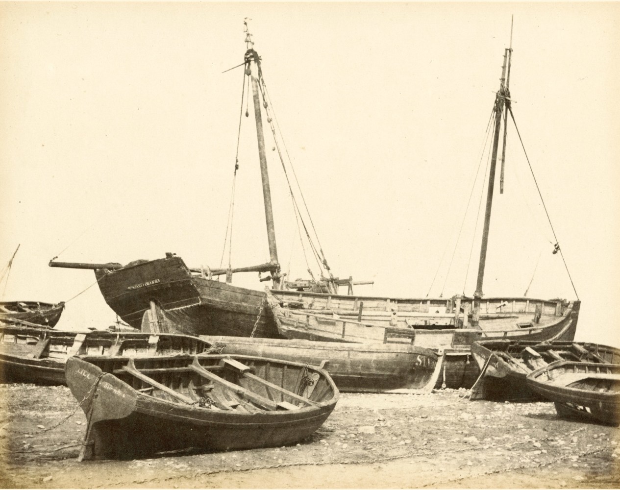 Hugh OWEN (English, 1808-1897) Oyster boats, Swansea Albumen print, 1860s-1870s, from a paper negative, before 1855 17.3 x 22.2 cm mounted on 26.0 x 28.3 cm album sheet Numbered &quot;60&quot; in pencil on mount
