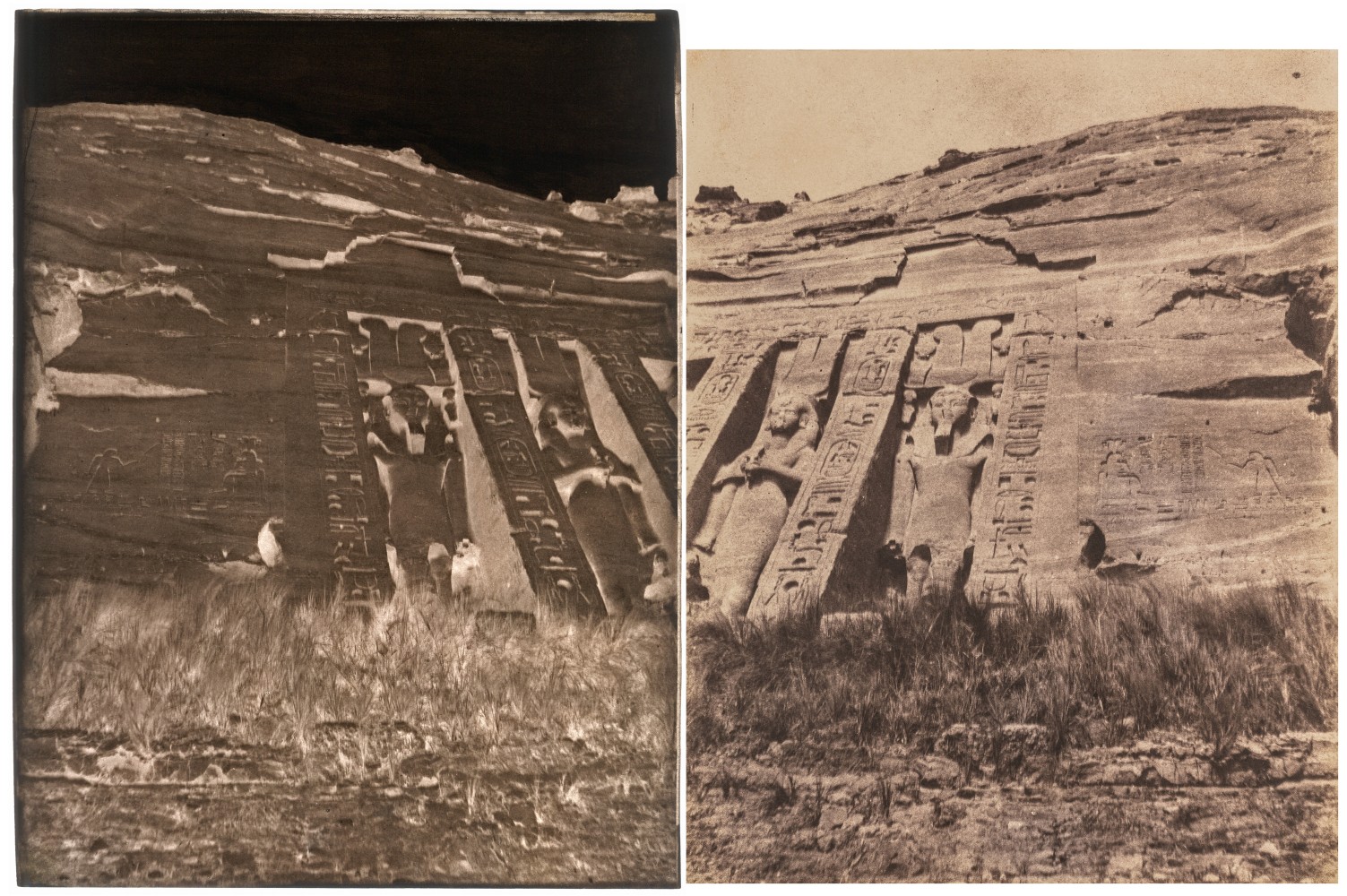 John Beasley GREENE (American, born in France, 1832-1856) Temple of Hathor, right section of the façade, small speos, Abu Simbel, 1853-1854 Waxed paper negative and salt print Negative 31.3 x 24.3 cm. Print 29.7 x 23.4 cm mounted on 61.2 x 47.0 cm paper.