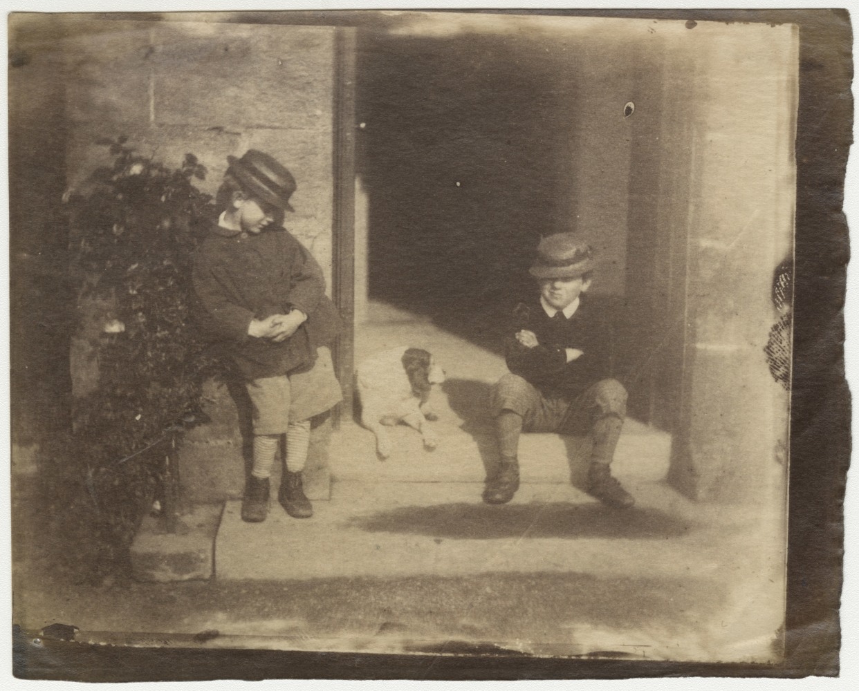 Rev. Calvert Richard JONES (Welsh, 1802-1877) Two little boys with hats and a dog, 1850s Albumen print from a glass negative 10.0 x 12.2 cm on 10.3 x 13.1 cm paper