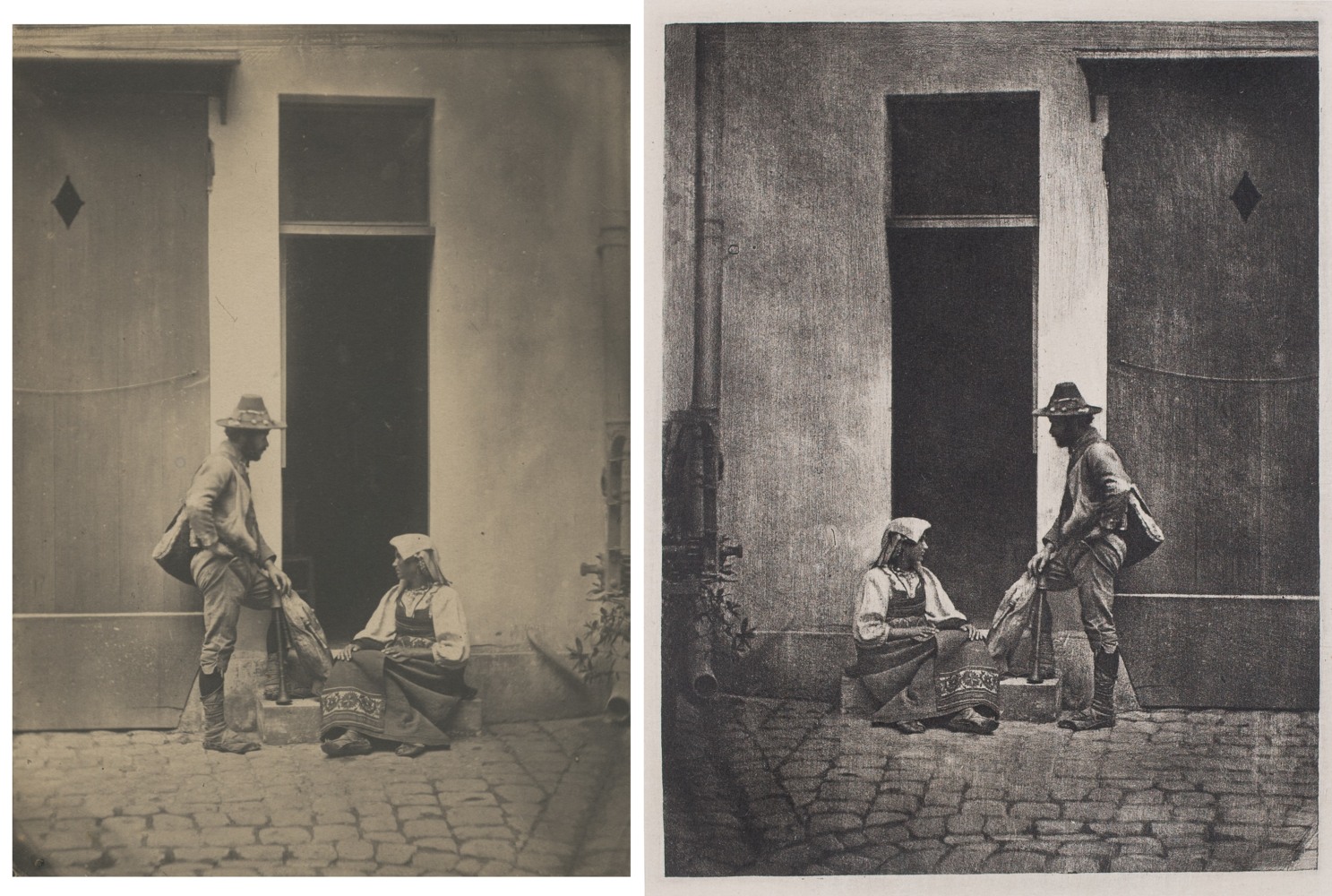 Charles Nègre (French, 1820-1880),“Pifferaro and Romani woman in Nègre's doorway, l'île Saint-Louis,” 1853-1854, Salt print from a collodion negative, together with a modern heliogravure from the original steel plate printed by Atelier de Saint-Prex, Switzerland, from André Jammes 1982 portfolio.