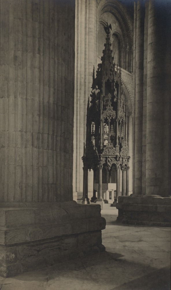 Frederick H. EVANS (English, 1853-1943) "Durham Cathedral: Font & Pillar from Nth Aisle", 1911 Gelatin silver print 25.8 x 15.4 cm, cropped to 23.8 x 14.2 cm by flush paper mat, mounted on 52.2 x 32.6 cm card