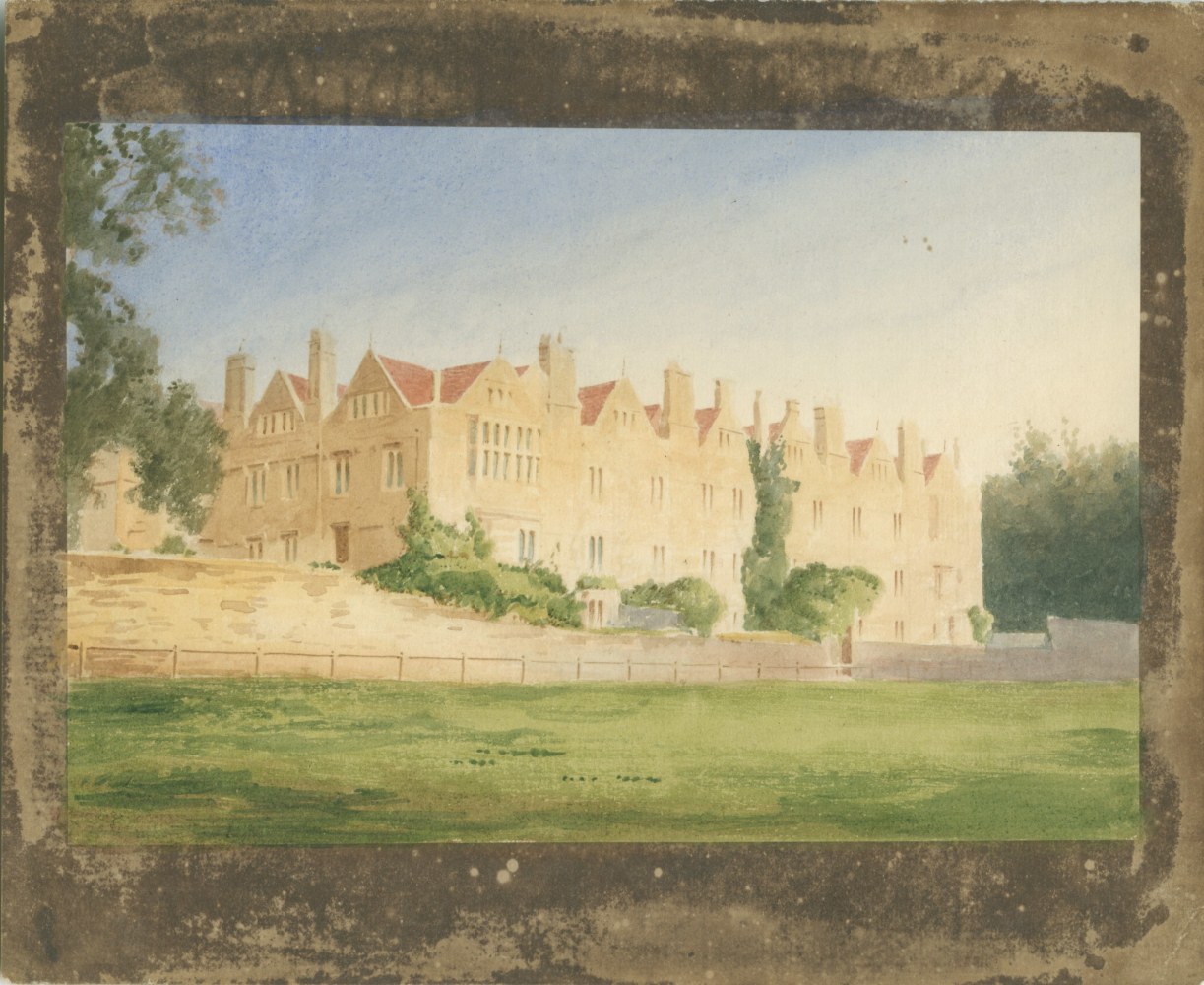 William Henry Fox TALBOT (English, 1800-1877) Merton College from the fields, Oxford, circa 1843 Hand colored (possibly by André Mansion) salt print, from a calotype negative 13.6 x 20.2 cm on 18.7 x 22.7 cm paper Inscribed &quot;M' and &quot;X&quot; and [illegible] in pencil on verso