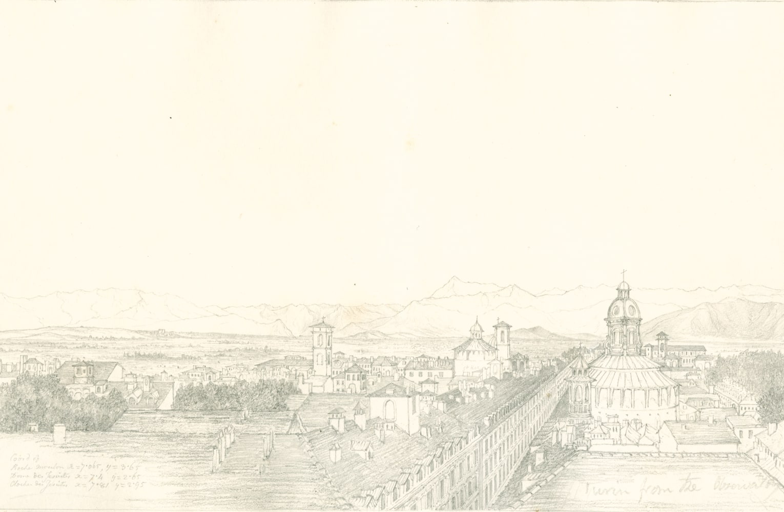 Sir John Frederick William HERSCHEL (English, 1792-1872) &quot;No 351 Turin with the chain of the Alps. From the roof of the Observatory”, 1824 Camera lucida drawing, pencil on paper 20.2 x 31.0 cm on 25.2 x 38.6 cm paper Numbered, signed, dated and titled “No 351 / JFW Herchel del. Cam. Luc. / 1824 / Turin with the chain of the Alps. From the roof of the Observatory.” in ink in border, and “Coord of / Roche Moulon x = 7.065, y = 3.65 / Dome des Jesuites x = 7.4, y = 2.65 / Clocher des Jesuites x = 7.81, y = 2.95 / Turin from the Observatory” in pencil. Inscribed “Turin from Observatory” in pencil on verso