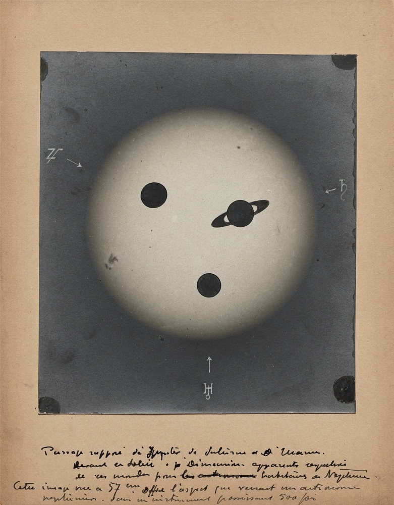 UNKNOWN PHOTOGRAPHER Imagined passage of Jupiter, Saturn, and Uranus in front of the sun, circa 1900 Gelatin silver print with applied pigment 12.8 x 11.3 cm mounted on 18.2 x 14.4 cm card