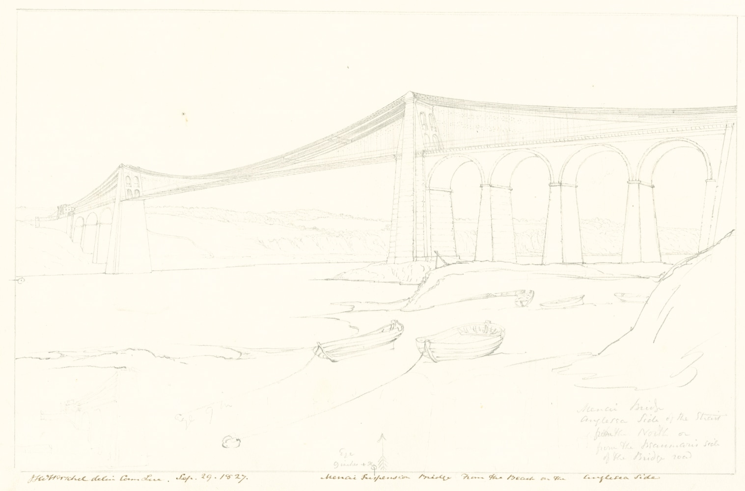 Sir John Frederick William HERSCHEL (English, 1792-1872) &quot;No 566 Menai Suspension Bridge From the Beach on the Anglesea Side”, 29 September 1827 Camera lucida drawing, pencil on paper 19.9 x 30.9 cm on 24.3 x 37.7 cm paper Watermark “J Whatman Turkey Mill”. Numbered, signed, dated and titled “No 566 / JFW Herschel delin Cam. / Luc. Sep 29, 1827. / Menai Suspension Bridge From the Beach on the Anglesea Side” in ink in border, and “Eye 9 inches = x. / Menai Bridge / Anglesea Side of the Strait / from the North or from the Beaumaris side of / the bridge road” in pencil. Inscribed &quot;Menai Bridge / [illegible] from Anglesea side&quot; in pencil on verso.