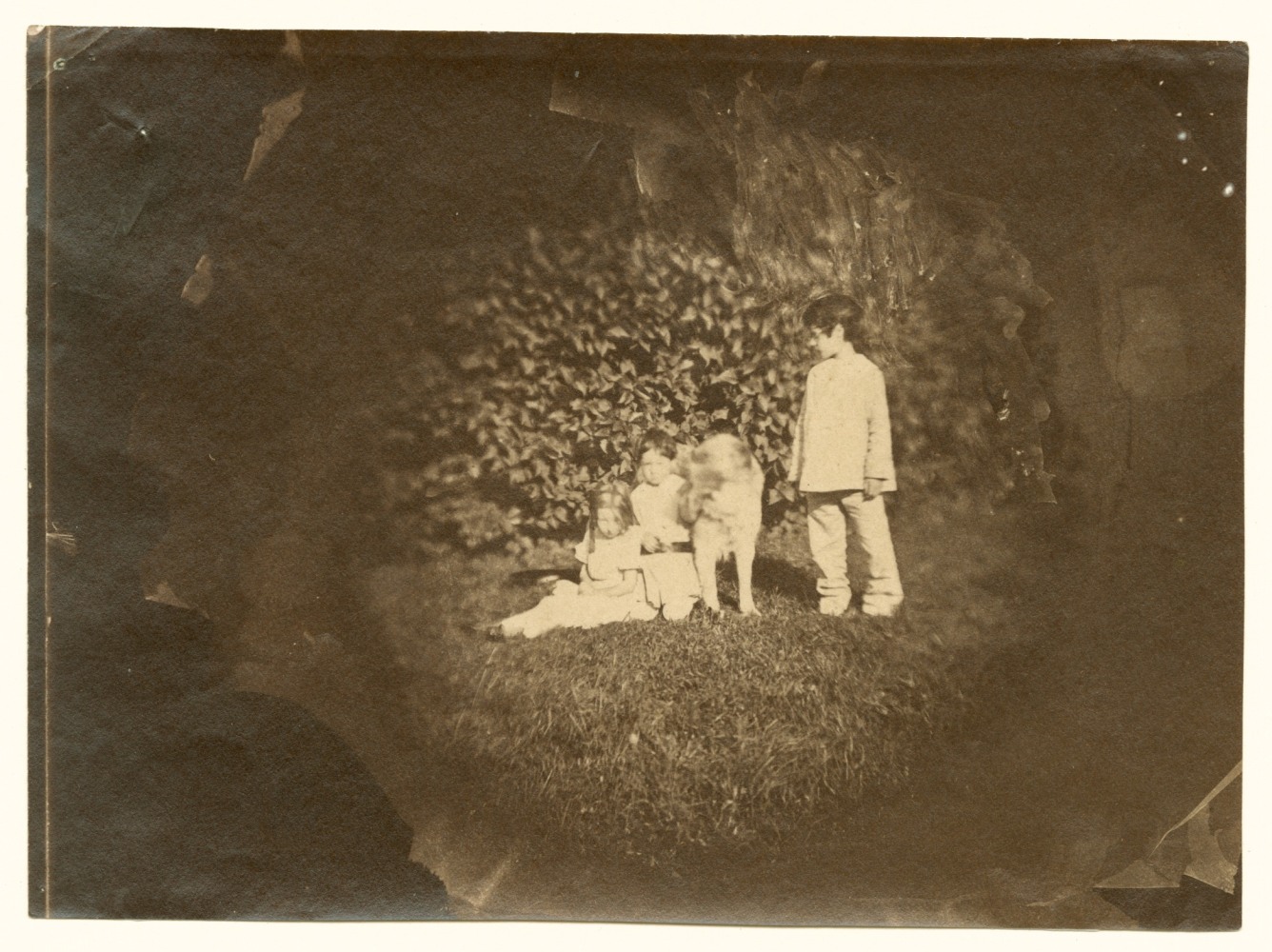 Charles NÈGRE (French, 1820-1880) The children of actress Rachel with a young girl and dog, Auteuil, probably autumn 1853 Albumen print from a collodion negative 9.7 cm tondo on 12.4 x 17.1 cm paper