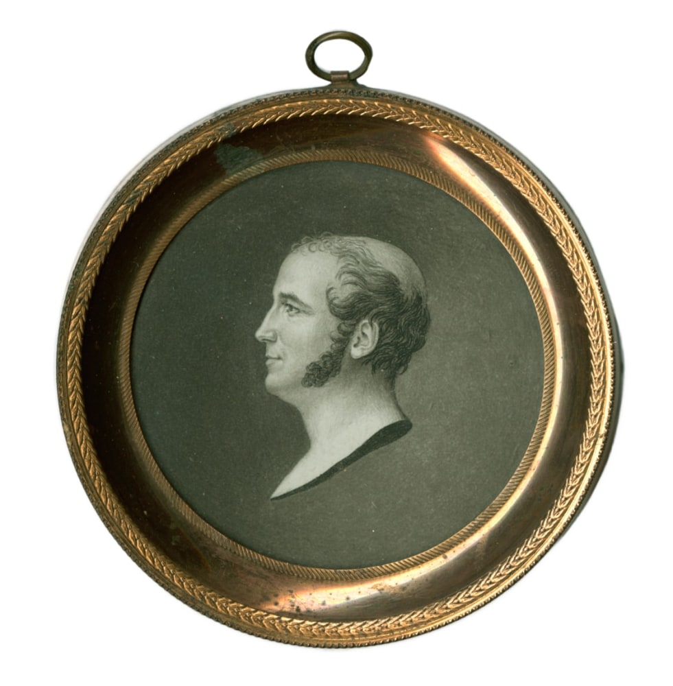 Gilles-Louis CHRÉTIEN (French, 1754-1811) Edme Quenedey, circa 1800 Physiognotrace, in original gold metal frame 8.0 cm diameter tondo