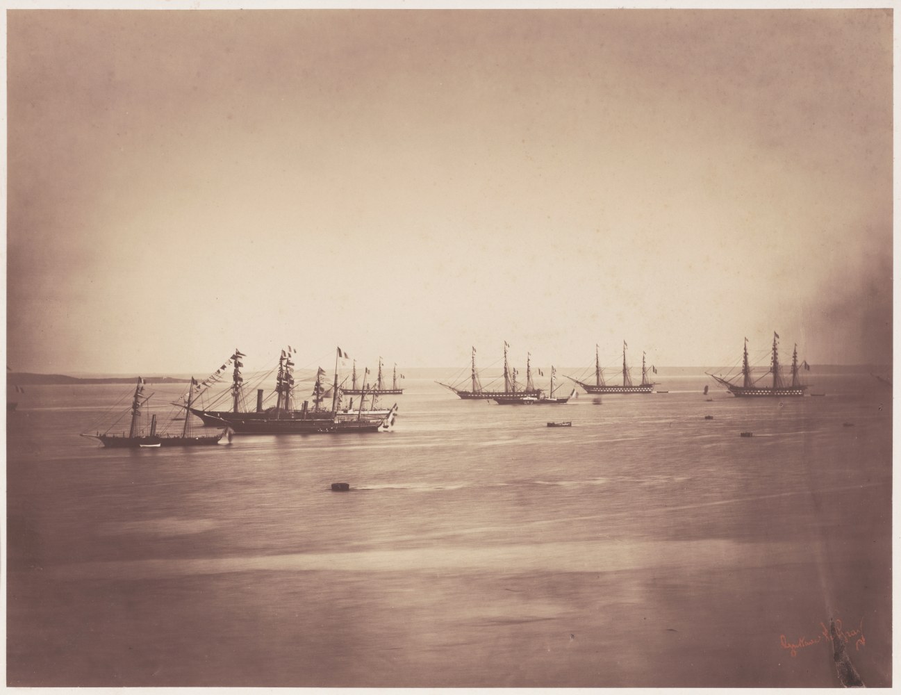 Gustave LE GRAY (French, 1820-1884) The French and English fleets, Cherbourg, 4-8 August 1858 Albumen print from a collodion negative 30.9 x 40.4 cm mounted on 52.5 x 70.7 cm paper Photographer's red signature stamp. &quot;21,721&quot; and &quot;Nº 38.&quot; in ink with photographer's oval blindstamp &quot;PHOTOGRAPHIE / GUSTAVE LE GRAY &amp; Cº / PARIS&quot; on mount.