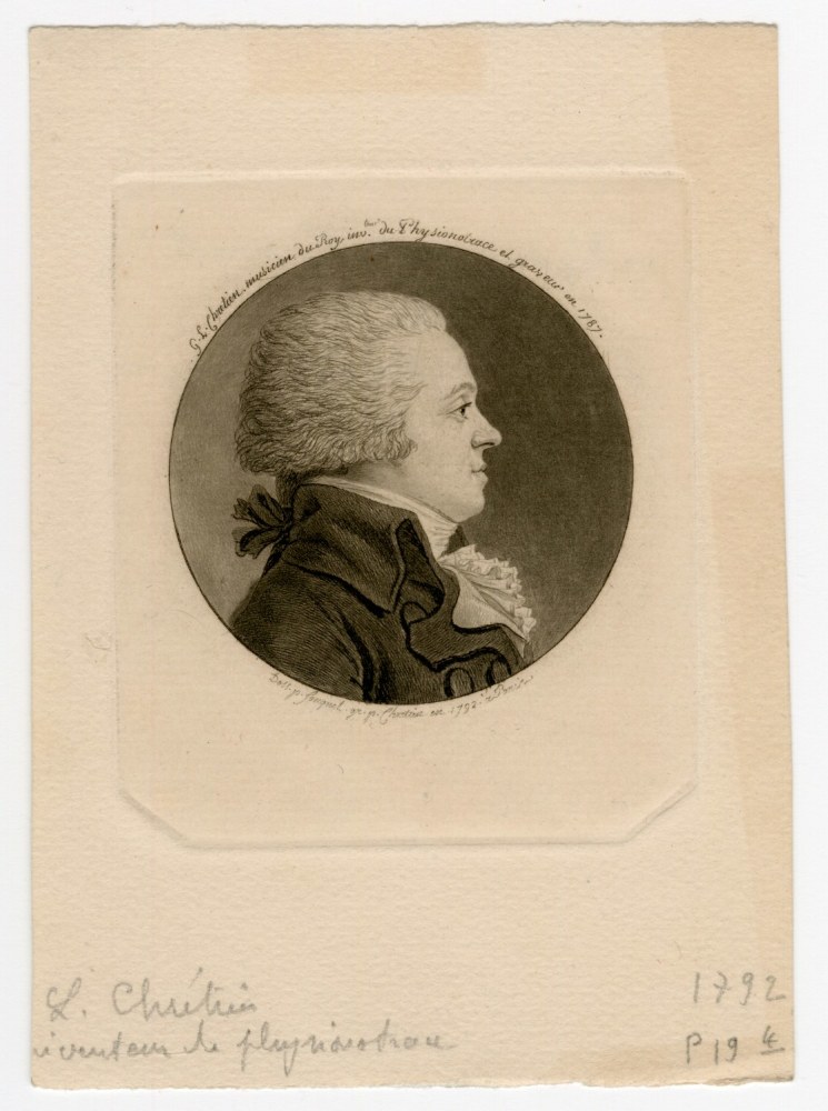 Gilles-Louis CHRÉTIEN (French, 1754-1811) Self portrait, 1792 Physiognotrace, after a drawing by Jean Fouguet 5.3 cm tondo on 7.7 x 6.7 cm plate on 12.1 x 8.7 cm paper, after 1811 Printed &quot;G. L. Chrétien musicien du Roy, invteur de Physionotrace et graveur en 1787 / Dess. p. Fouquet gr. pl. Chrétien en 1792. a Paris&quot;. Inscribed &quot;L. Chrétien / inventeur de physionotrace / 1792 / 19 4&quot; in pencil. Inscribed &quot;retirage relativement / inalt / d'apres la planche originale /rare cependant&quot; with numerical notations, in pencil, on verso
