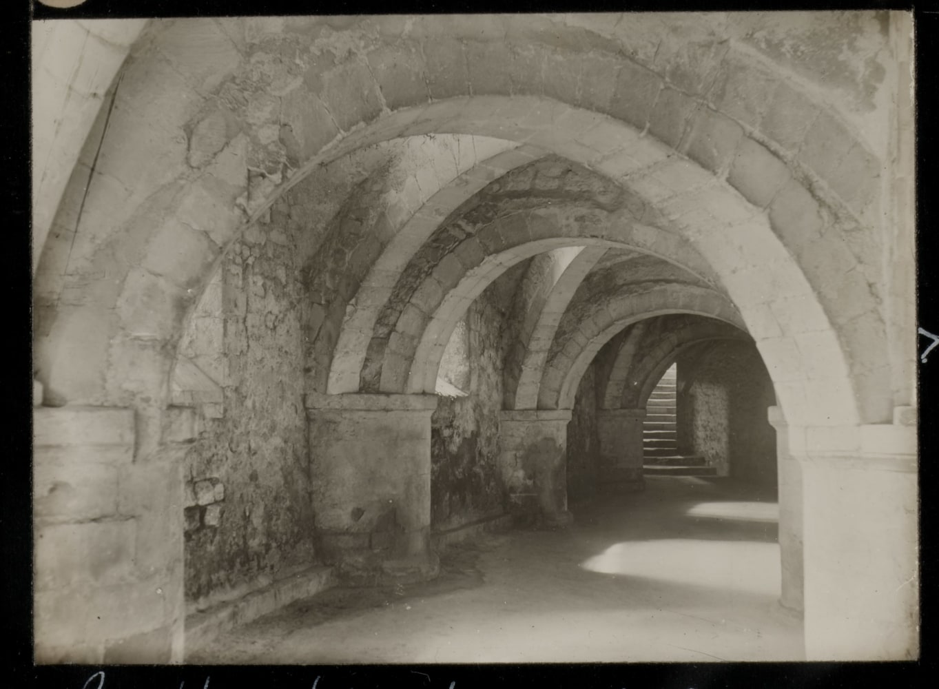 Frederick H. EVANS (English, 1853-1943) &quot;Gloucester Cathedral. Crypt and steps out&quot;, 1890 Lantern slide 5.1 x 6.9 cm on 8.2 x 8.2 cm glass slide Signed &quot;F. H. Evans&quot;, titled and dated with &quot;83.&quot; and &quot;X&quot; in white ink on the paper mask