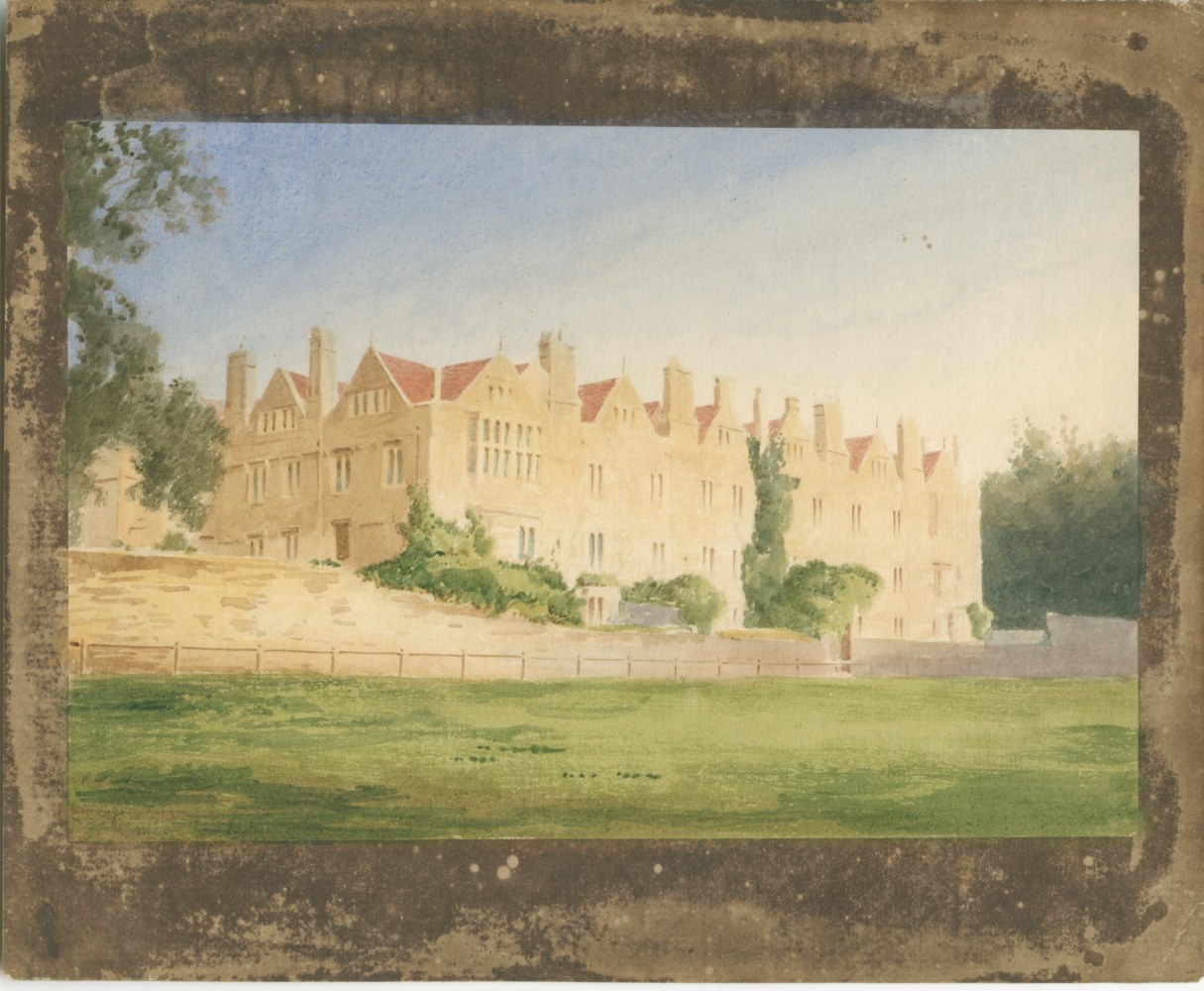 William Henry Fox TALBOT (English, 1800-1877) Merton College from the fields, Oxford, circa 1843 Hand colored (possibly by André Mansion) salt print, from a calotype negative 13.6 x 20.2 cm