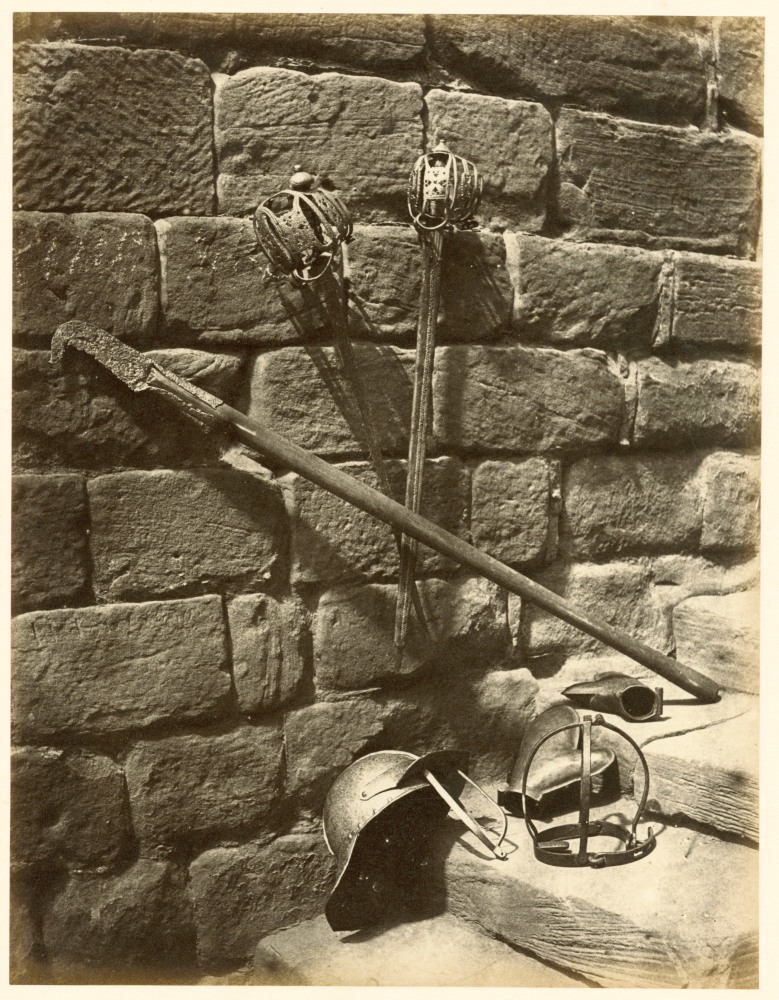 Hugh OWEN (English, 1808-1897) Arms and armour on stone steps Albumen print, 1860s-1870s, from a paper negative, before 1855 22.1 x 17.1 cm mounted on 28.3 x 26.0 cm album sheet Numbered &quot;6&quot; in pencil on mount
