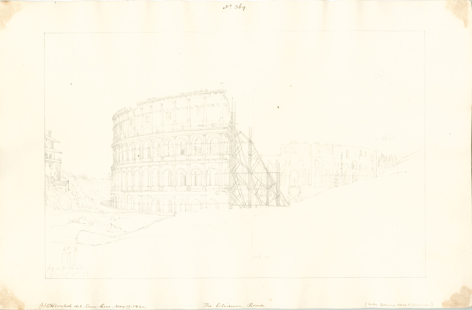 Sir John Frederick William HERSCHEL (English, 1792-1872) &quot;No 369 The Coliseum, Rome (with extreme care &amp; precision).&quot;, 17 May 1824 Camera lucida drawing, pencil on paper 20.1 x 30.9 cm on 25.2 x 38.6 cm paper Numbered, signed, dated and titled “No 369 / JFW Herschel del. Cam. Luc. May 17, 1824. / The Coliseum, Rome / (with extreme care &amp; precision).” in ink in border. Inscribed “Coliseum” in pencil on verso Inventory #301377.11