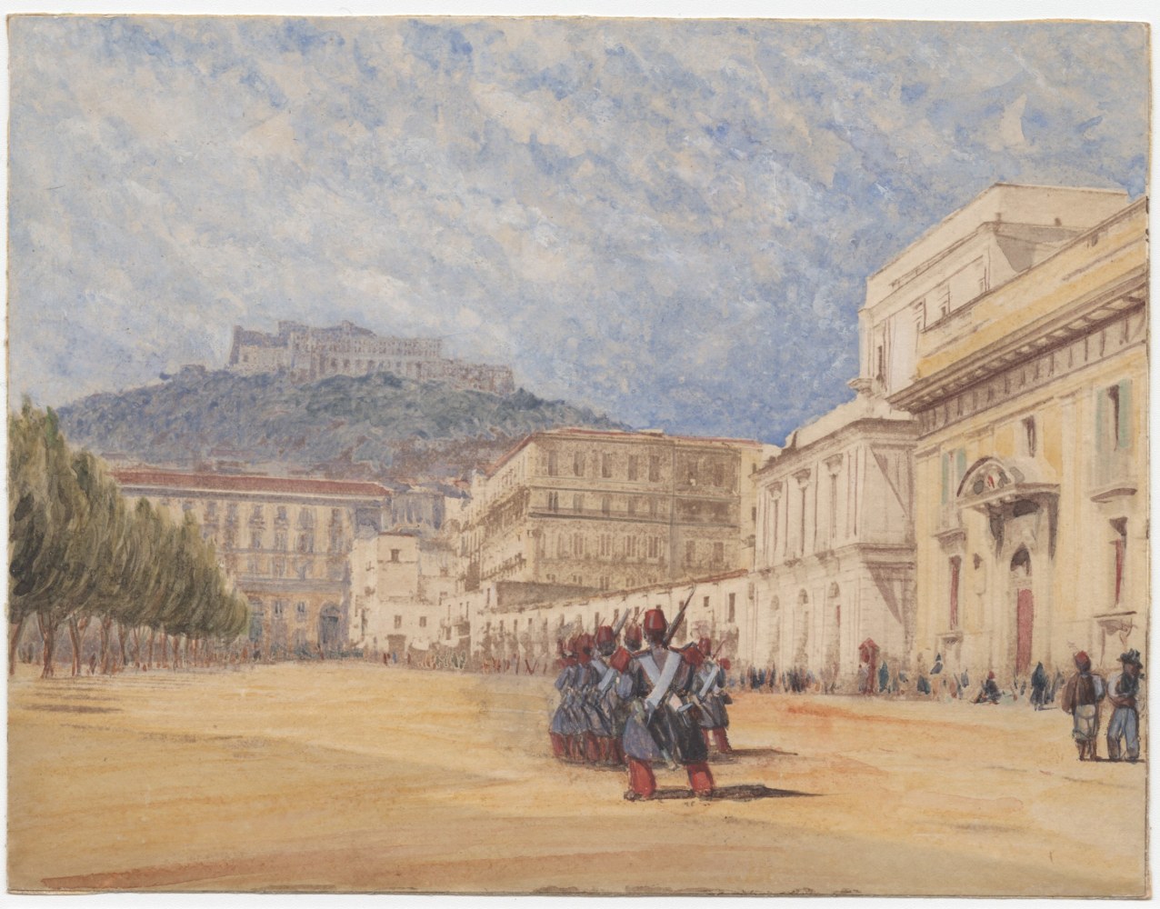 Rev. Calvert Richard JONES (Welsh, 1802-1877) Soldiers in formation, Chiatamone, Naples, 1847 Hand-colored salt print from a calotype negative, spring 1846 15.3 x 19.9 cm