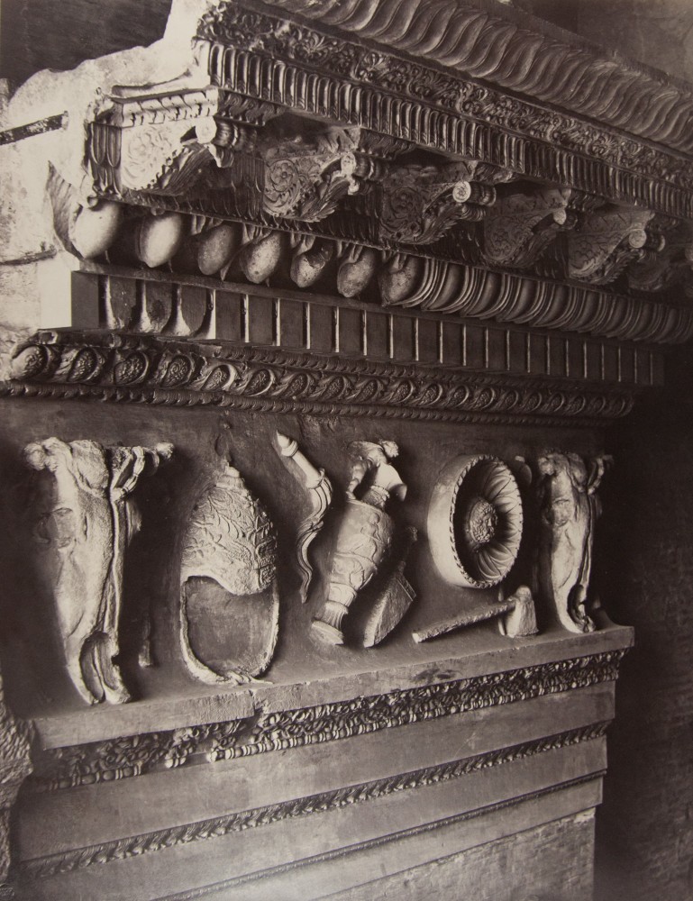Louis-Auguste &amp; Auguste-Rosalie BISSON (BISSON FRÈRES) (French, 1814-1876 &amp; 1826-1900) Entablature fragment, Temple of Vespasian, Rome, circa 1857 Coated salt or albumen print from a glass negative 44.4 x 34.6 cm mounted on 70.9 x 54.8 cm paper Bisson Frères blindstamp. Signature stamp in red ink, and inscribed &quot;226 - Détail provenant du Temple de Vespasien Entablement&quot; in pencil, on mount.