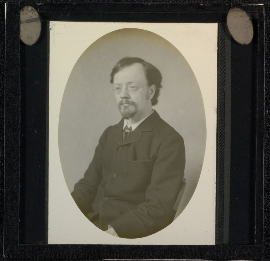 Frederick H. EVANS (English, 1853-1943) Self portrait, 1890s Lantern slide 6.7 x 4.7 cm oval, masked to 7.0 x 5.4 cm on 8.2 x 8.3 cm glass slide
