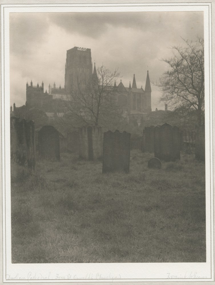 Frederick H. Evans&amp;nbsp;(English, 1853-1943)
Durham Cathedral from St. Oswald&amp;#39;s Churchyard, May 1912
Platinum print
24.3 x 18.8 cm mounted on 41.2 x 33.8 cm paper, ruled in ink and wash
Initialed &amp;quot;FHE&amp;quot; in pencil on verso. Signed &amp;quot;Frederick H. Evans&amp;quot; and titled on mount
