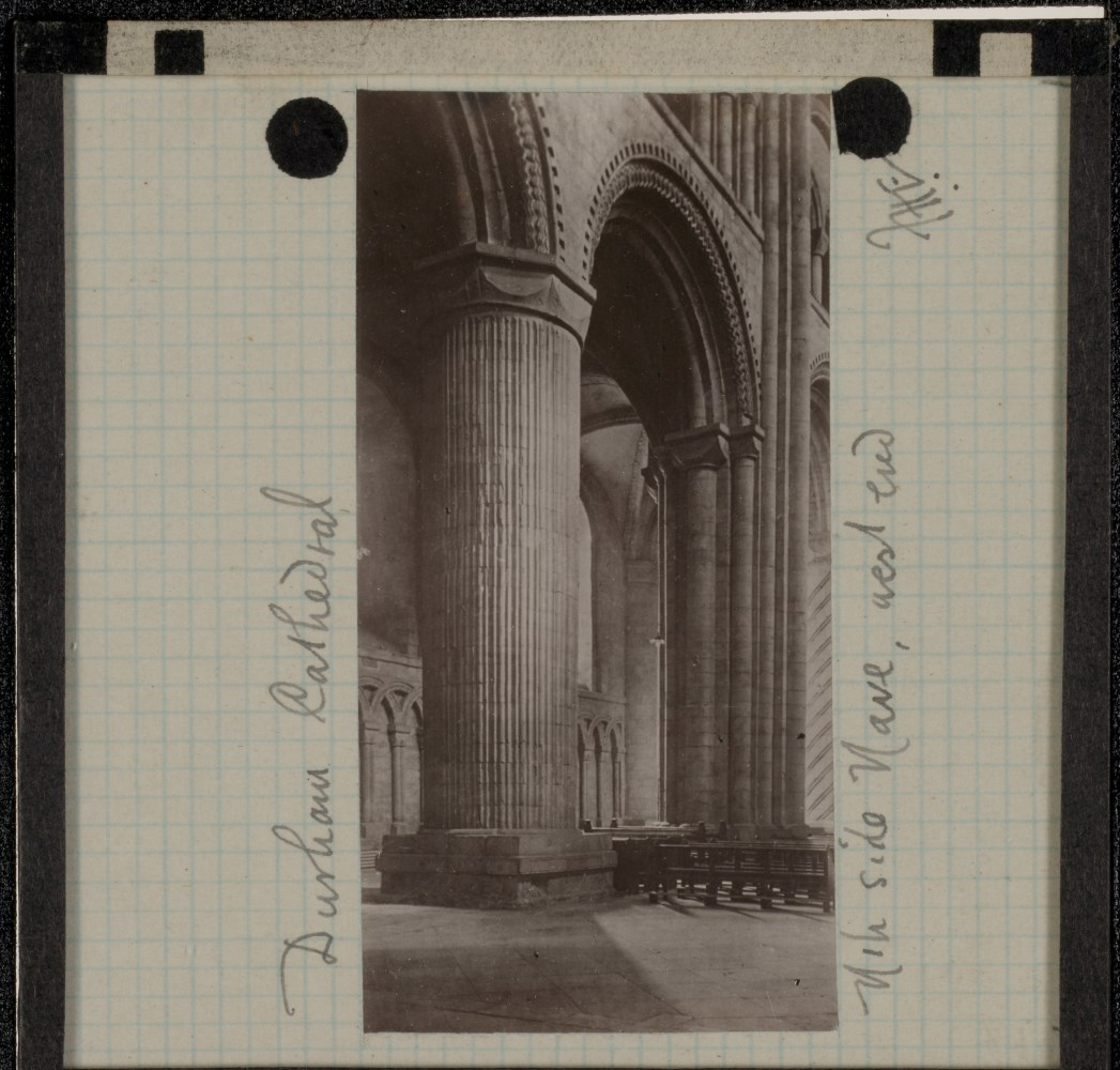 Frederick H. EVANS (English, 1853-1943) &quot;Durham Cathedral, Nth side Nave, west end&quot;, 1890s Lantern slide 7.0 x 3.6 cm on 8.2 x 8.2 cm glass slide Initialed &quot;F. H. E&quot; and titled in ink on the paper mask