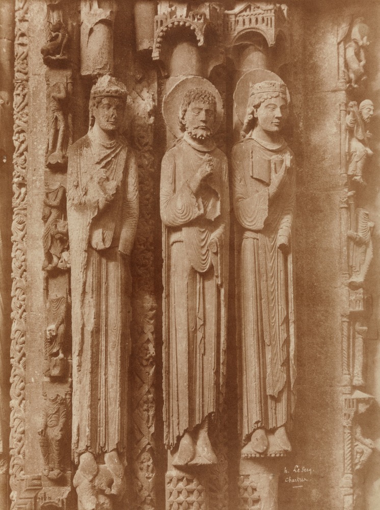 Henri LE SECQ (French, 1818-1882) Right portal, left jamb with Old Testament figures, Chartres Cathedral, 1852 Coated salt print from a waxed paper negative 46.5 x 35.2 cm