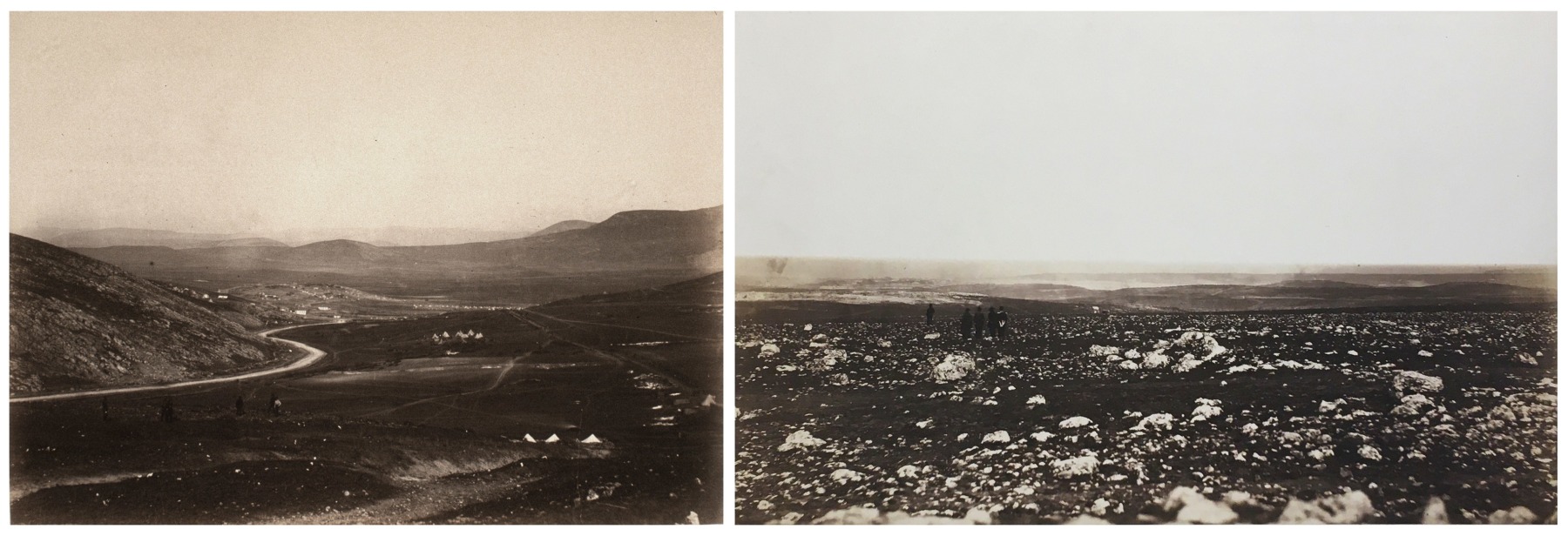 Roger Fenton (English, 1819-1869) Two views in the Crimea, 1855, Salt prints from collodion negatives, 25.3 x 34.9 cm; 22.7 x 35.9 cm