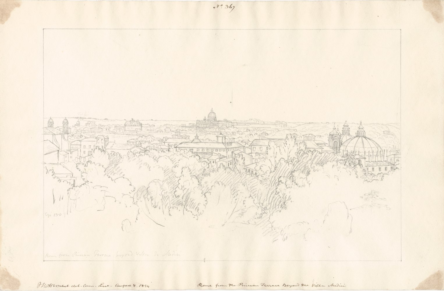 Sir John Frederick William HERSCHEL (English, 1792-1872) &quot;Rome from the Pincian Terrace beyond the Villa Medici&quot;, 8 August 1824 Camera lucida drawing, pencil on paper 25.2 x 38.7 cm Signed, titled and annotated “No. 367 / JFW Herschel del.Cam.Luc. August 8, 1824 / Rome from the Pincian Terrace beyond the Villa Medici” in brown ink; “ Egi [?] 13.0 / Rome from the Pincian Terrace beyond Villa de Medici” in pencil. “Rome from the Pincian Terrace beyond Villa Medici / 2140” in pencil on verso.