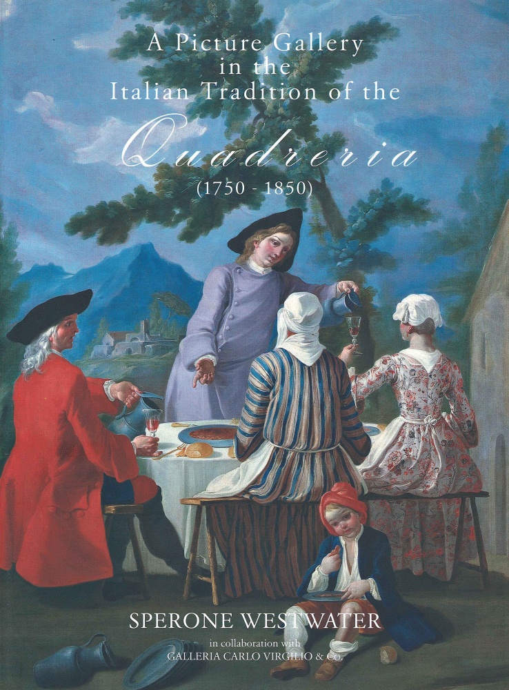 book cover illustrated with an 18th century painting of a family sitting at a table outside with mountains in the background