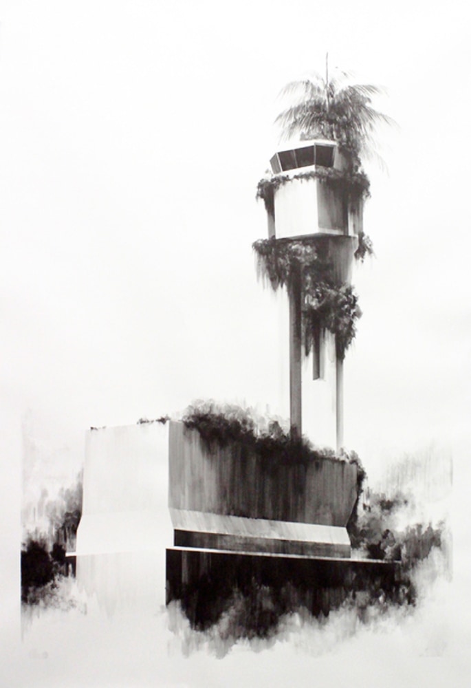 Black and white artwork featuring overgrown industrial structure