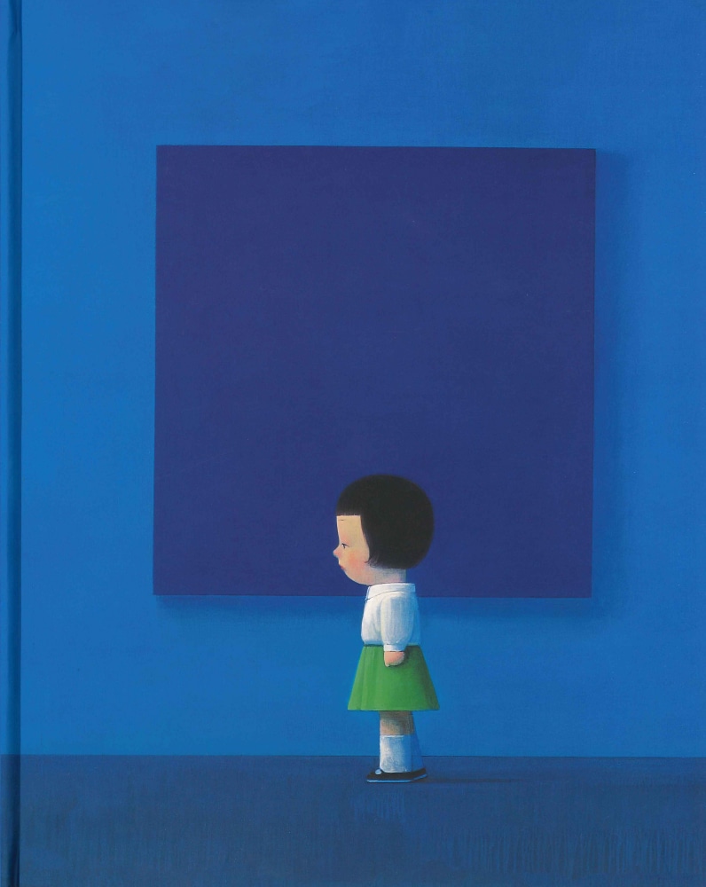 book cover showing a small girl in a white shirt and green skirt standing in front of a square blue painting in a blue room with blue carpet